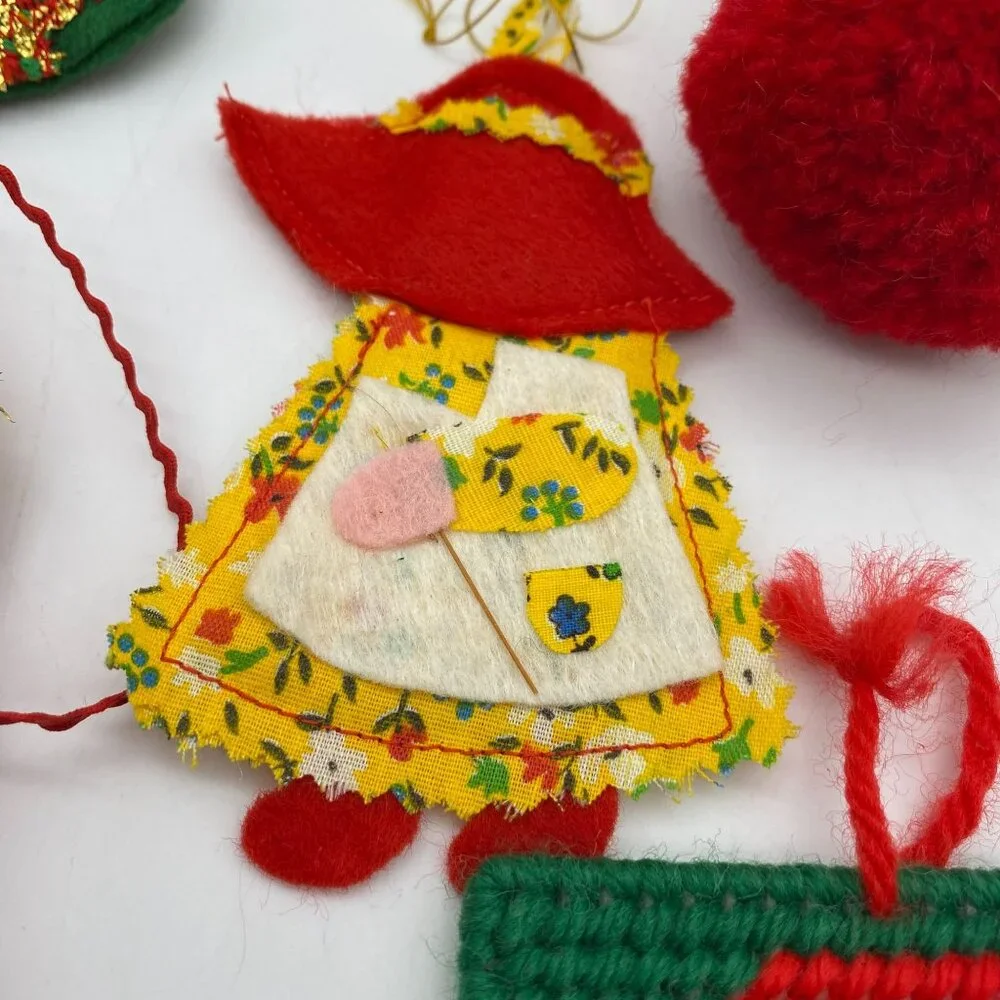 Vintage‎ Christmas handmade ornament lot felt cross stitch metal hand sewn